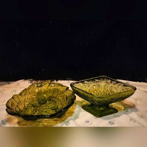 Vintage Green Indiana Glass 3D Loganberry Dish & Olive Depression Floral Diamond